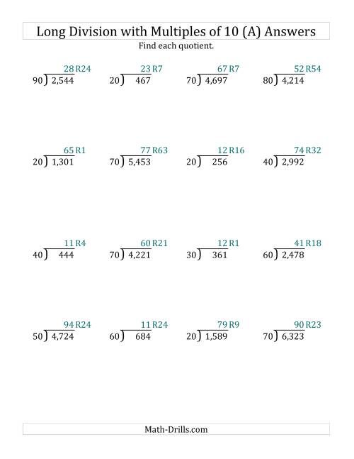 The Long Division by Multiples of 10 with Remainders (A) Math Worksheet Page 2