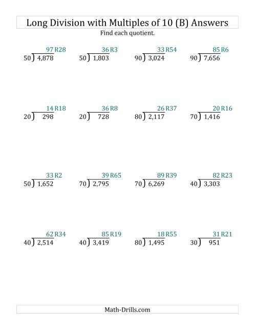 The Long Division by Multiples of 10 with Remainders (B) Math Worksheet Page 2