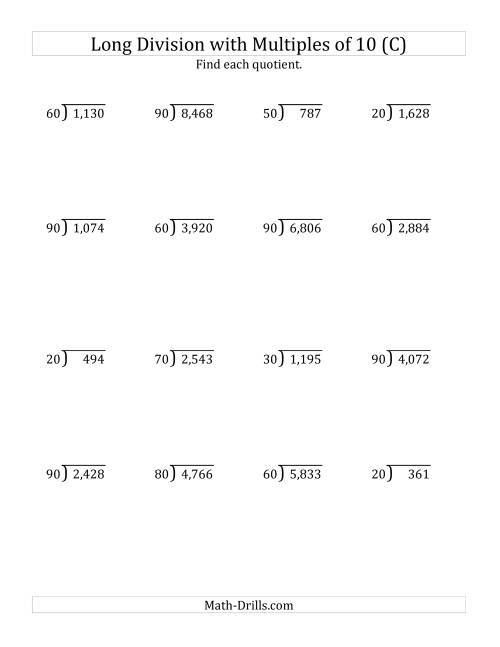 The Long Division by Multiples of 10 with Remainders (C) Math Worksheet