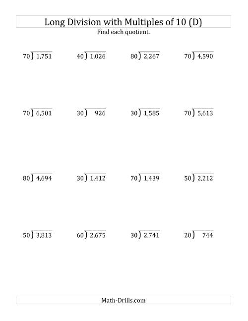 The Long Division by Multiples of 10 with Remainders (D) Math Worksheet