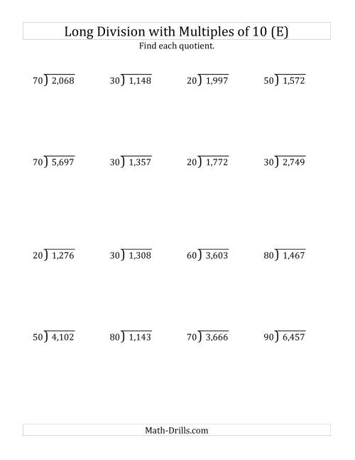The Long Division by Multiples of 10 with Remainders (E) Math Worksheet