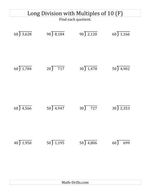 The Long Division by Multiples of 10 with Remainders (F) Math Worksheet