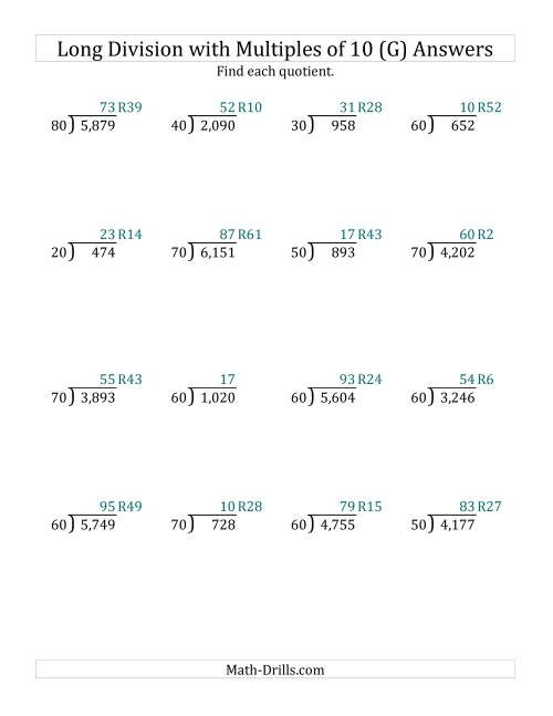 The Long Division by Multiples of 10 with Remainders (G) Math Worksheet Page 2