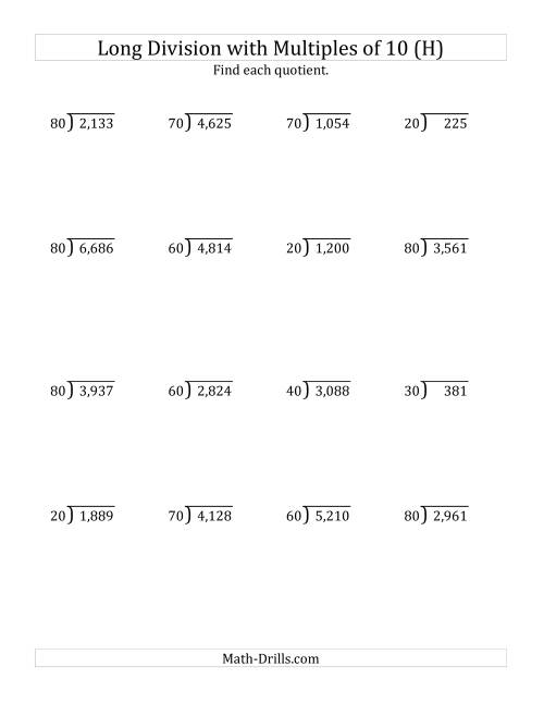 The Long Division by Multiples of 10 with Remainders (H) Math Worksheet