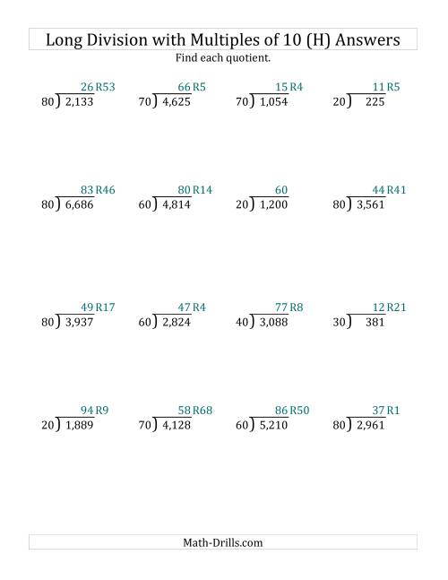 The Long Division by Multiples of 10 with Remainders (H) Math Worksheet Page 2