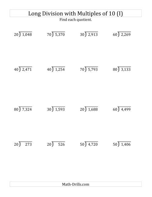 The Long Division by Multiples of 10 with Remainders (I) Math Worksheet