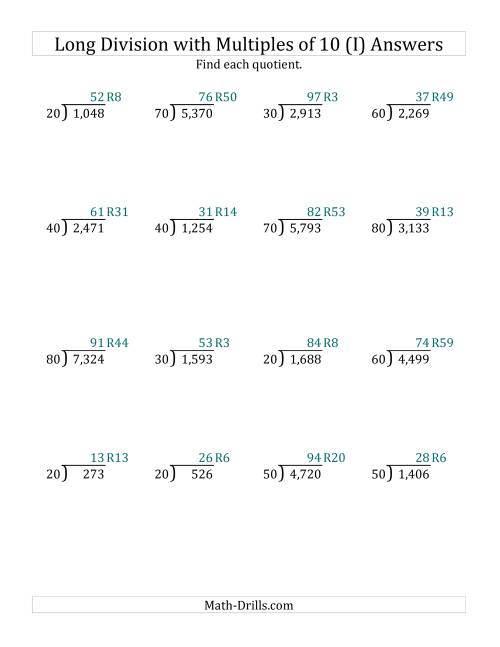 The Long Division by Multiples of 10 with Remainders (I) Math Worksheet Page 2