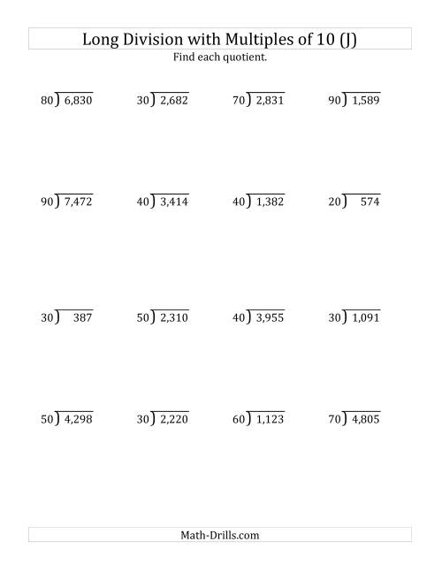 The Long Division by Multiples of 10 with Remainders (J) Math Worksheet