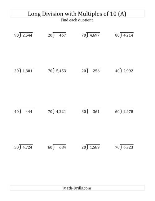 The Long Division by Multiples of 10 with Remainders (All) Math Worksheet