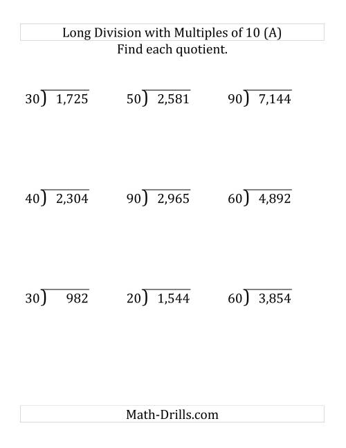 The Long Division by Multiples of 10 with Remainders (Large Print) Math Worksheet