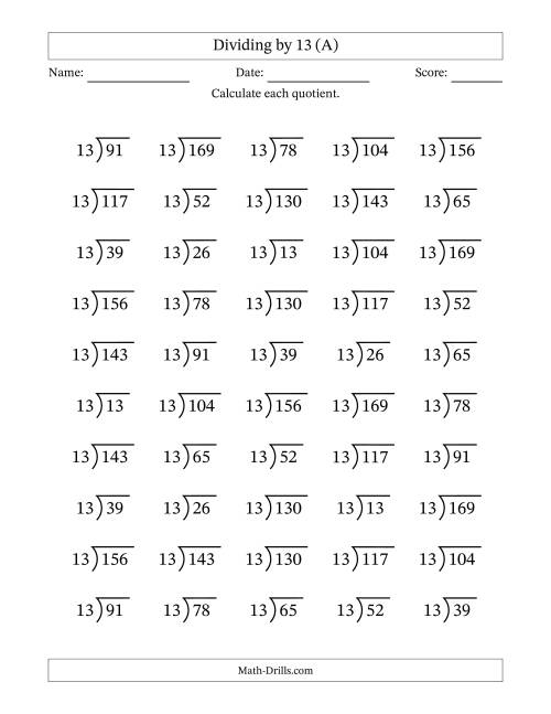 The Division Facts by a Fixed Divisor (13) and Quotients from 1 to 13 with Long Division Symbol/Bracket (50 questions) (A) Math Worksheet