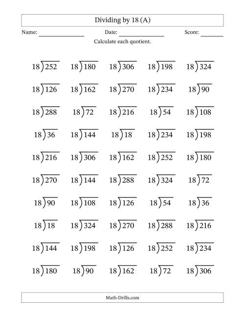 The Division Facts by a Fixed Divisor (18) and Quotients from 1 to 18 with Long Division Symbol/Bracket (50 questions) (A) Math Worksheet