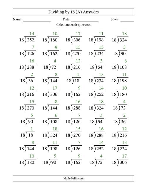 The Division Facts by a Fixed Divisor (18) and Quotients from 1 to 18 with Long Division Symbol/Bracket (50 questions) (A) Math Worksheet Page 2