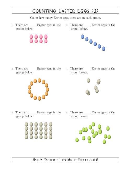 The Counting Easter Eggs in Various Arrangements (J) Math Worksheet