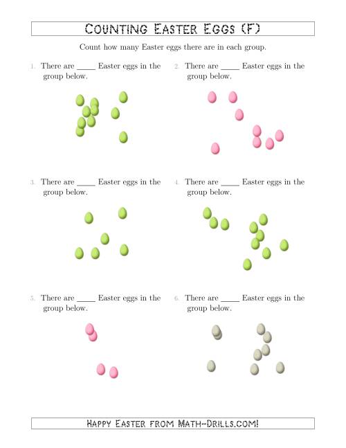 The Counting up to 10 Easter Eggs in Scattered Arrangements (F) Math Worksheet
