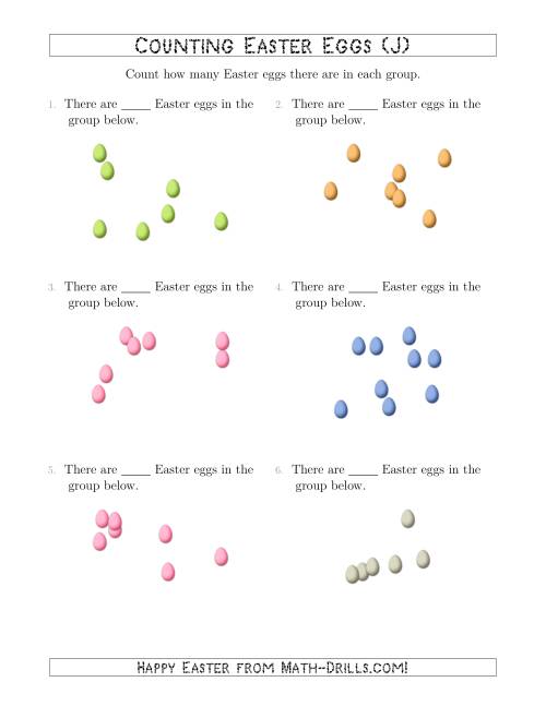 The Counting up to 10 Easter Eggs in Scattered Arrangements (J) Math Worksheet