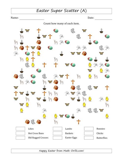The Counting Easter Items in Super Scattered Arrangements (50 Percent Full) (A) Math Worksheet