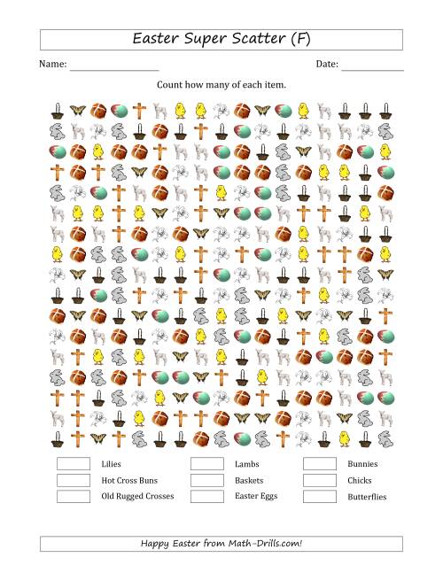 The Counting Easter Items in Super Scattered Arrangements (100 Percent Full) (F) Math Worksheet