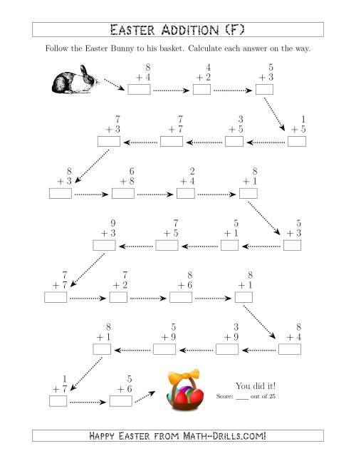The Follow the Easter Bunny Addition with Sums to 18 (F) Math Worksheet