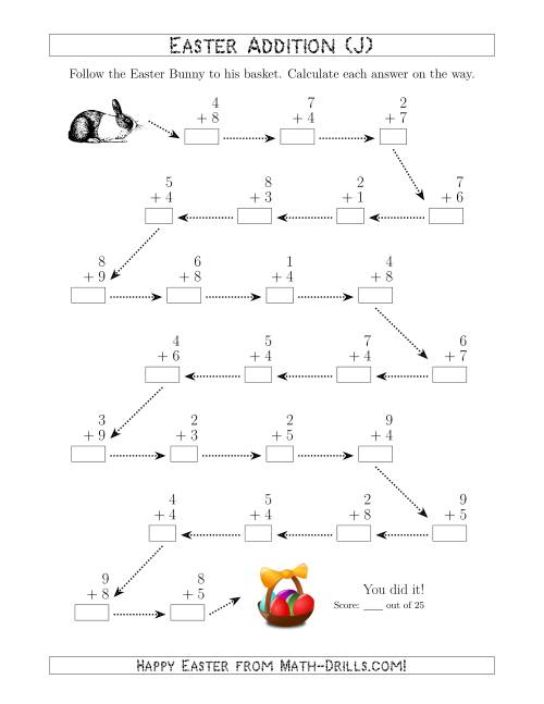 The Follow the Easter Bunny Addition with Sums to 18 (J) Math Worksheet