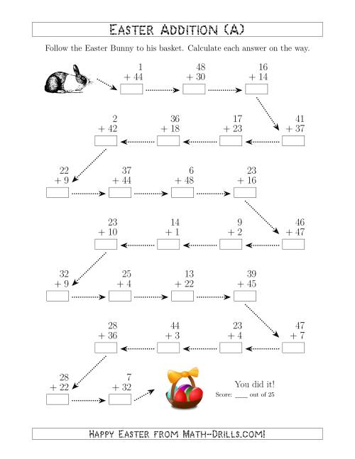 The Follow the Easter Bunny Addition with Sums to 98 (A) Math Worksheet