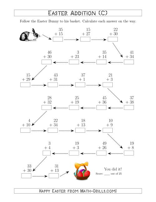The Follow the Easter Bunny Addition with Sums to 98 (C) Math Worksheet