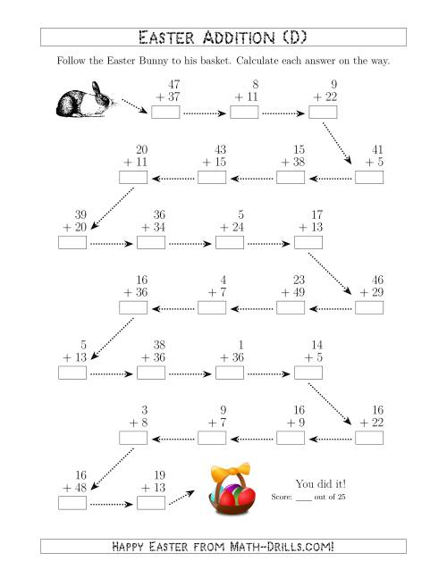 The Follow the Easter Bunny Addition with Sums to 98 (D) Math Worksheet