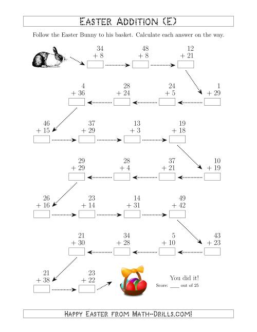 The Follow the Easter Bunny Addition with Sums to 98 (E) Math Worksheet