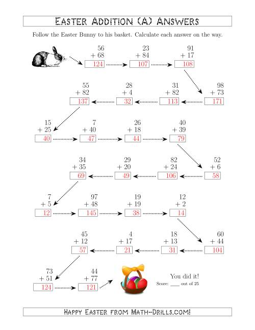 The Follow the Easter Bunny Addition with Sums to 198 (All) Math Worksheet Page 2