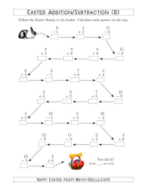 The Follow the Easter Bunny 1-Digit Mixed Addition and Subtraction (B) Math Worksheet