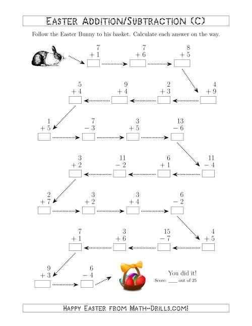 The Follow the Easter Bunny 1-Digit Mixed Addition and Subtraction (C) Math Worksheet
