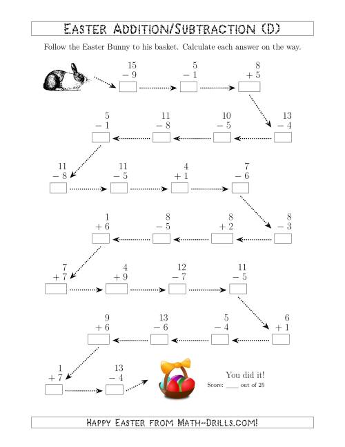 The Follow the Easter Bunny 1-Digit Mixed Addition and Subtraction (D) Math Worksheet