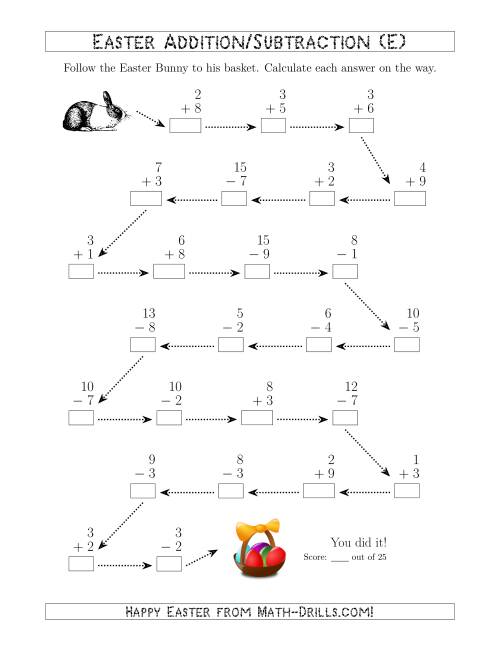 The Follow the Easter Bunny 1-Digit Mixed Addition and Subtraction (E) Math Worksheet