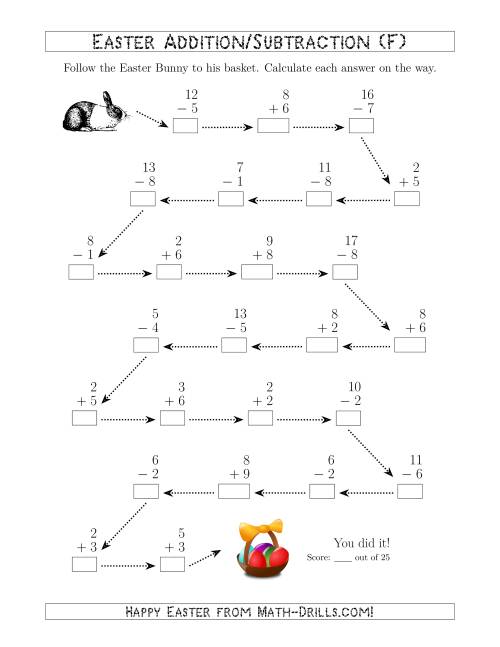 The Follow the Easter Bunny 1-Digit Mixed Addition and Subtraction (F) Math Worksheet