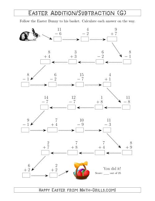 The Follow the Easter Bunny 1-Digit Mixed Addition and Subtraction (G) Math Worksheet