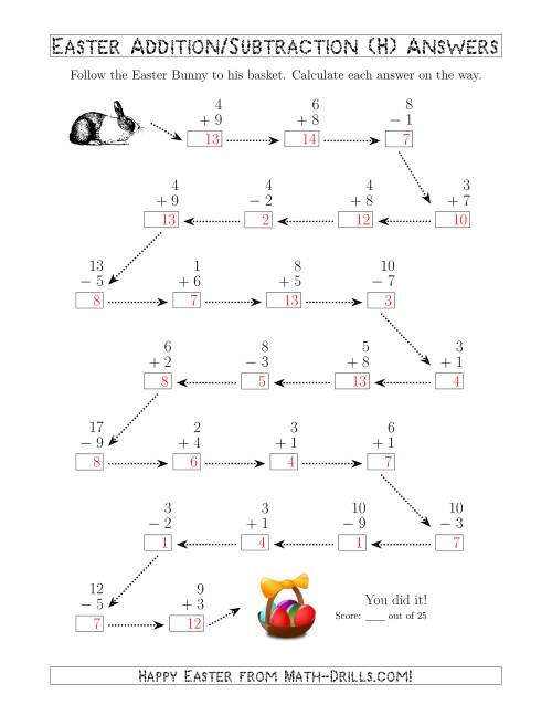 The Follow the Easter Bunny 1-Digit Mixed Addition and Subtraction (H) Math Worksheet Page 2