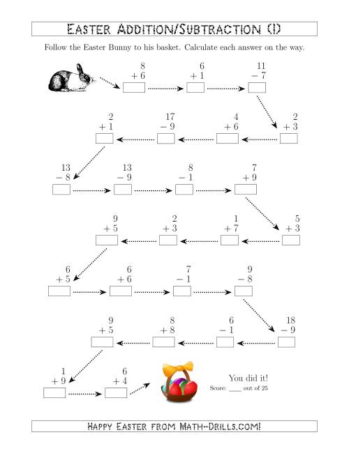 The Follow the Easter Bunny 1-Digit Mixed Addition and Subtraction (I) Math Worksheet