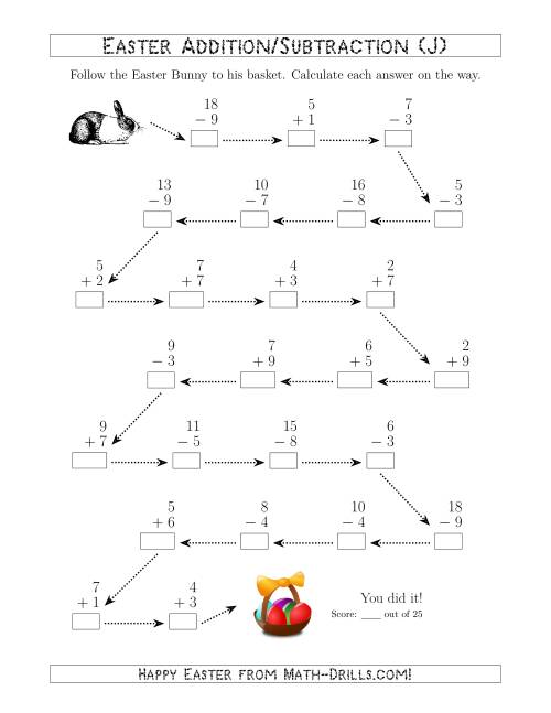 The Follow the Easter Bunny 1-Digit Mixed Addition and Subtraction (J) Math Worksheet