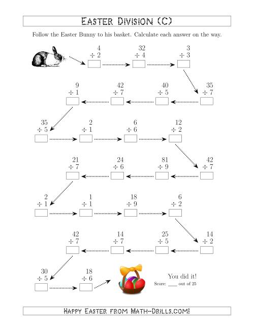The Follow the Easter Bunny Division Facts with Dividends to 81 (C) Math Worksheet