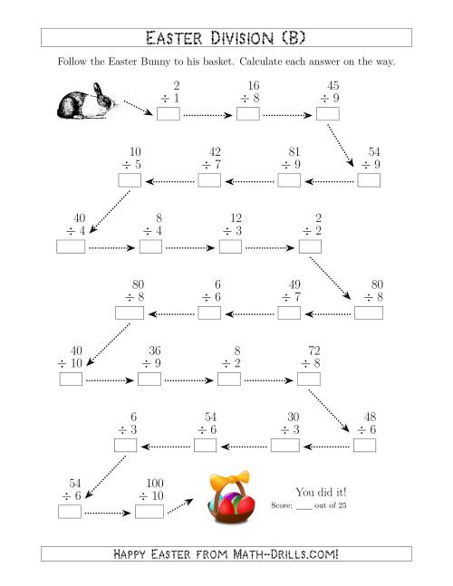 The Follow the Easter Bunny Division Facts with Dividends to 100 (B) Math Worksheet