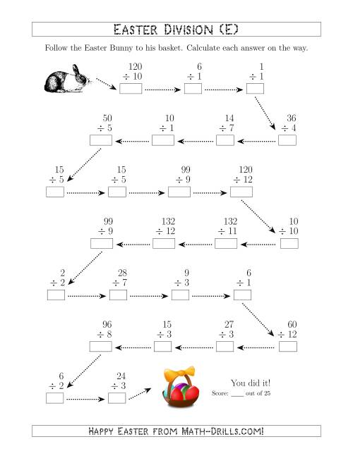 The Follow the Easter Bunny Division Facts with Dividends to 144 (E) Math Worksheet