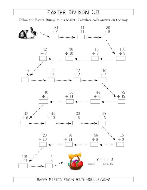 The Follow the Easter Bunny Division Facts with Dividends to 144 (J) Math Worksheet
