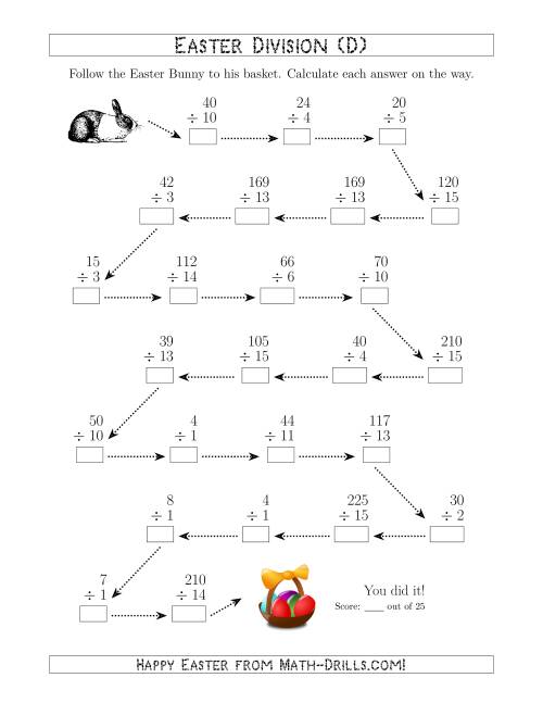 The Follow the Easter Bunny Division Facts with Dividends to 225 (D) Math Worksheet