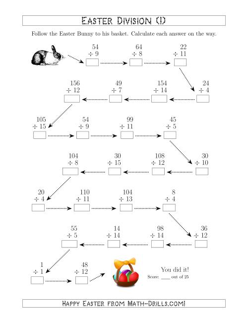 The Follow the Easter Bunny Division Facts with Dividends to 225 (I) Math Worksheet