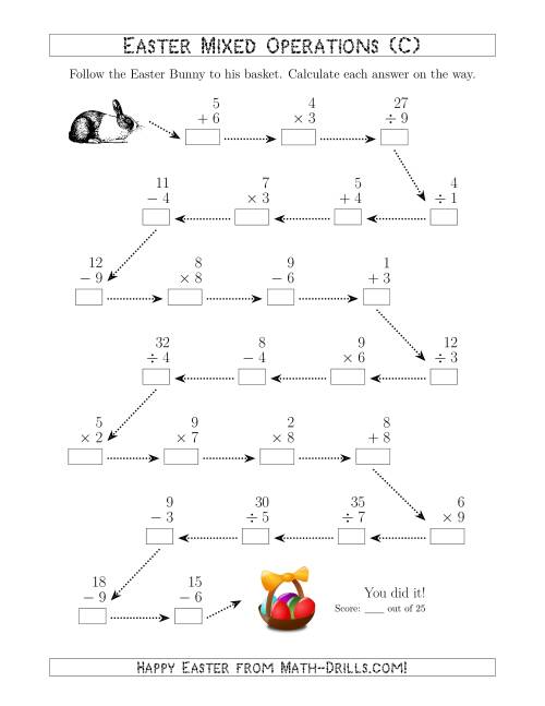 The Follow the Easter Bunny 1-Digit Mixed Operations (C) Math Worksheet
