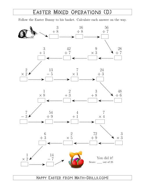 The Follow the Easter Bunny 1-Digit Mixed Operations (D) Math Worksheet