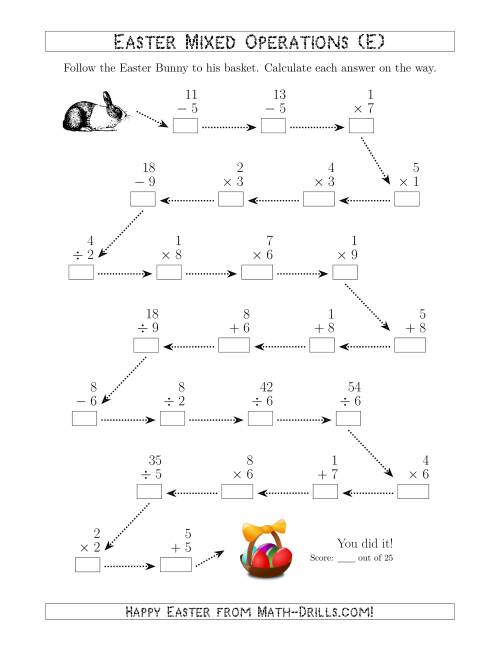 The Follow the Easter Bunny 1-Digit Mixed Operations (E) Math Worksheet