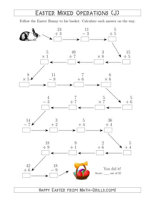 The Follow the Easter Bunny 1-Digit Mixed Operations (J) Math Worksheet