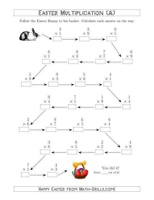 The Follow the Easter Bunny Multiplication Facts with Products to 81 (A) Math Worksheet
