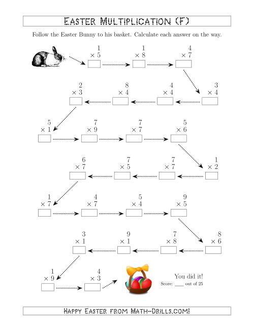 The Follow the Easter Bunny Multiplication Facts with Products to 81 (F) Math Worksheet